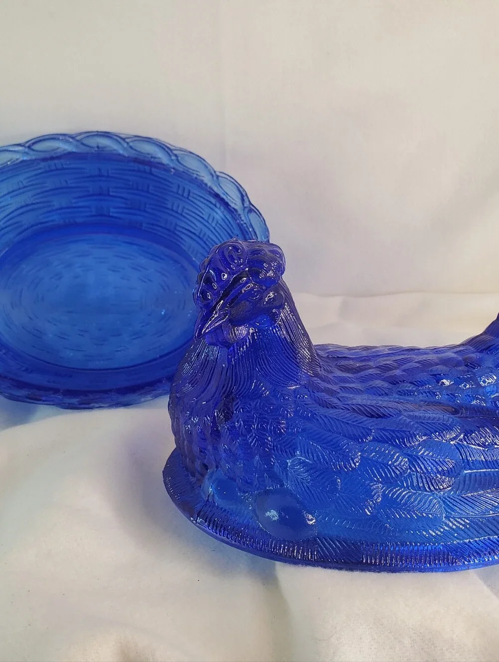Vintage Mosser Colbolt Blue Glass Chicken Nest w/ Eggs